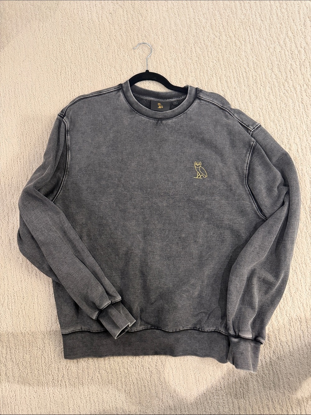 OVO Men's Charcoal Gray Crewneck Sweatshirt with Yellow Owl Logo